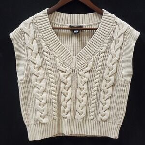 Express Oversized Old Money Tennis Prep Cable Knit Sweater Vest Size S‎ Beige